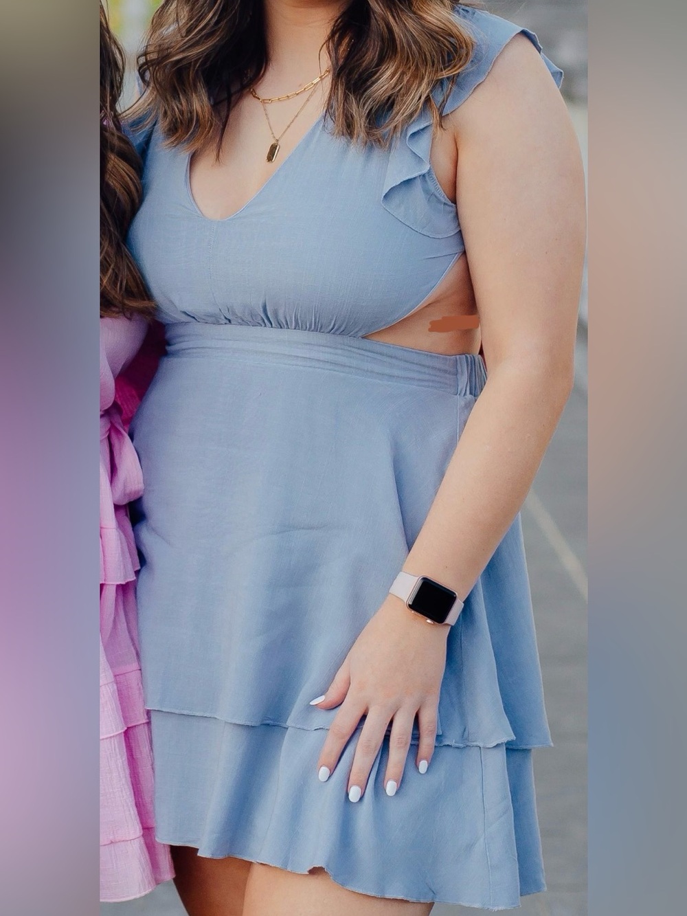 Altar’d State Light Blue Ruffle-Shoulder Cutout Dress